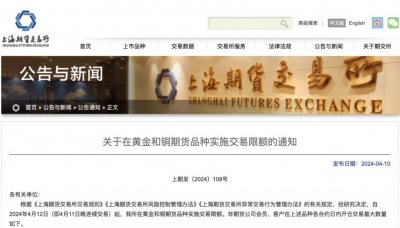 ​4月12日起，上海期货交易所在黄金和铜期货品种实施交易限额